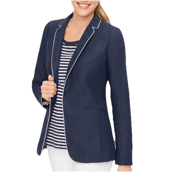 TALBOTS Navy Blue Piped 100% Linen Long Sleeve Jacket Sz 14 - Picture 1 of 11